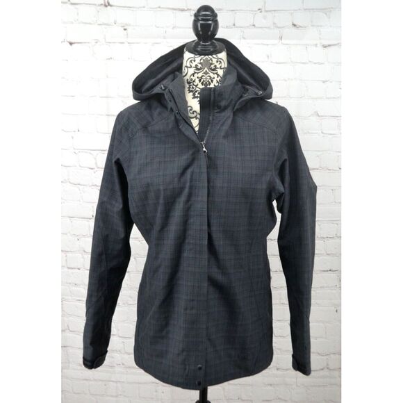 REI Outdoors Women's Full Zip Hooded Jacket SIZE MEDIUM Charcoal Gray Plaid - Picture 1 of 8